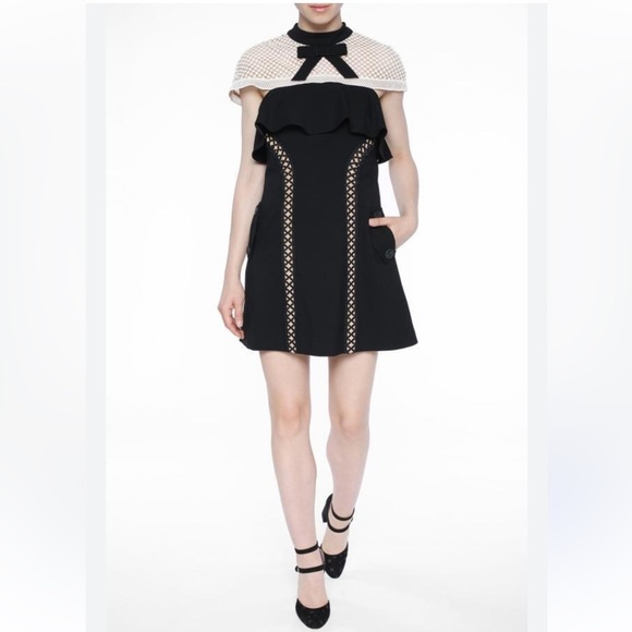 SELF-PORTRAIT Black Bow Crepe Lace Trim Mini Elegant Dress Women’s Size Small - Picture 1 of 16